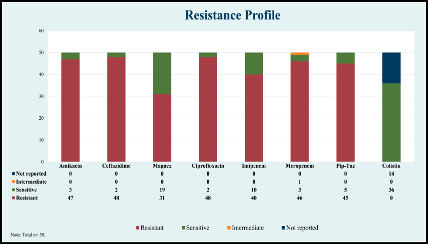 Il grafico a barre mostra il profilo di resistenza, sensibilità e intermediazione di vari antibiotici con predominanza di resistenza per la maggior parte dei farmaci analizzati.
Descrizione generata da AI